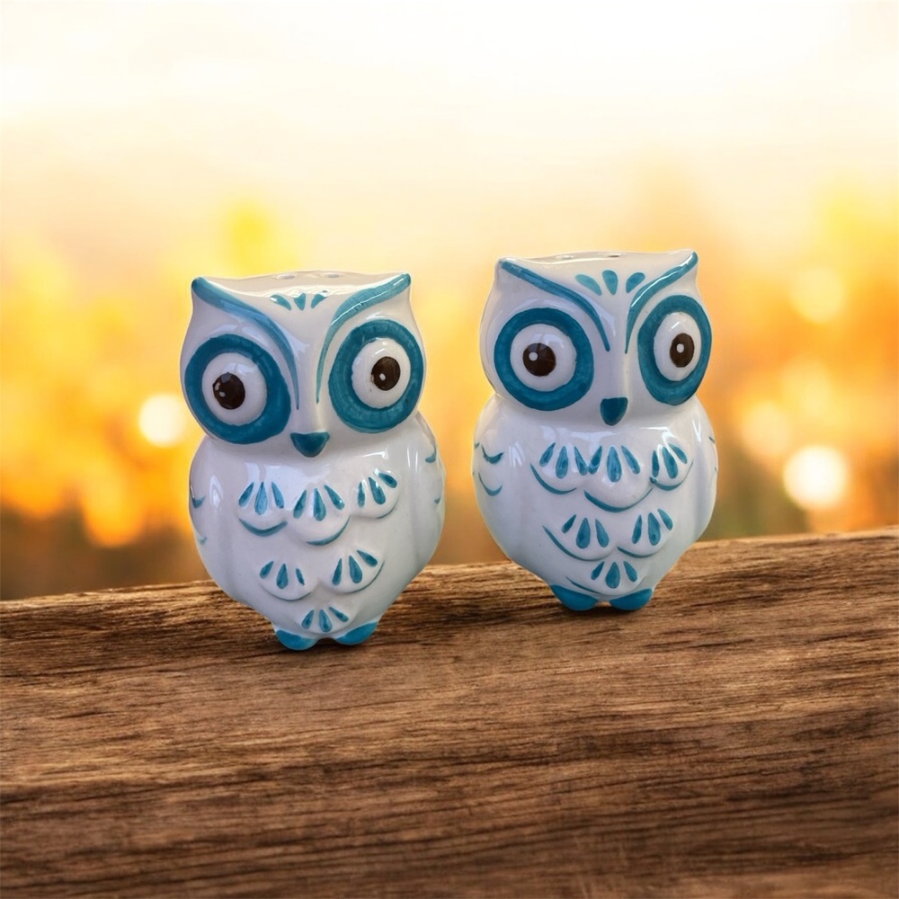 VINTAGE OWL SALT PEPPER SHAKERS TEAL & WHITE - Picture 1 of 7